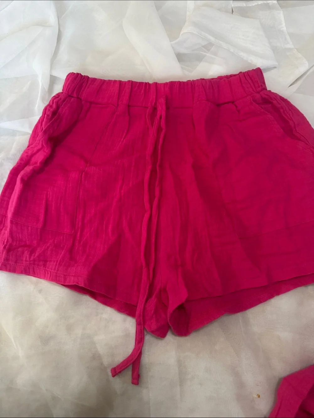 Bright Pink Two-Piece Button Shirt & Drawstring Shorts Set